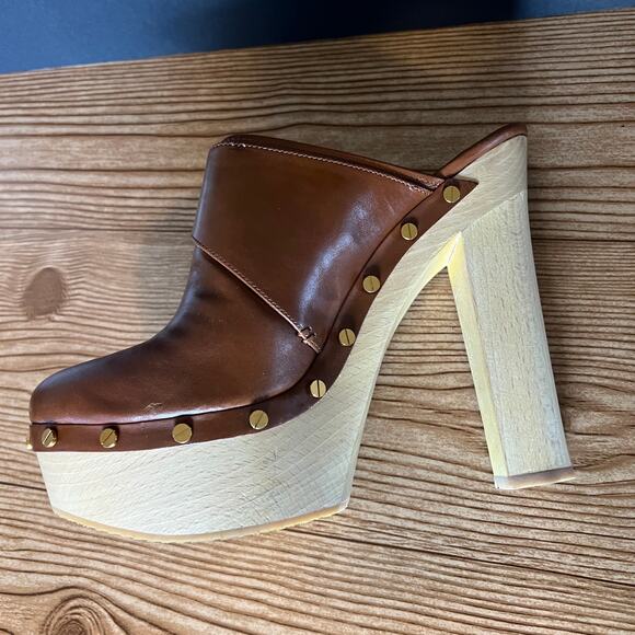 Veronica Beard Cognac Leather Wood Platform Heeled Mules Clogs Womens 10 Alek - Picture 4 of 15